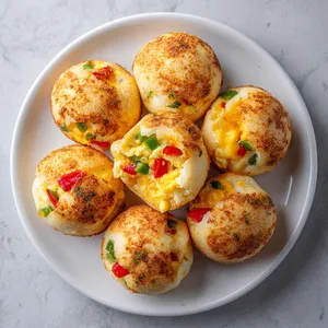 From the top, you can see cheese-dusted golden brown Pão de Queijo with a slight ooze of yellow scrambled egg stuffing peeking out. The vibrant red and green peppers add a great pop of color, scattered across the white plate.