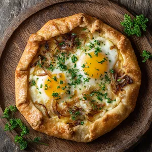 From above, you witness a beautifully golden, thin, round galette sitting pretty on a weathered wooden platter. The rich, yellow eggs with pockets of melted brie peeking through and caramelized shallots scattered on top gives a rustic elegance. Chop parsley sprinkled over the top adds a pop of color.