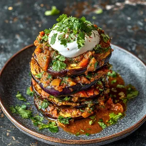 The plate showcases a tall stack, a tower of sorts with alternating layers of vibrant eggplant masala and golden toast. A dollop of creamy white spiced yogurt is artfully placed on top, with a sprinkle of vivid green chopped coriander around. Some richly orange masala sauce gathers invitingly at the base of the stack.