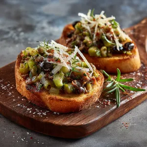 A rustic wooden board cradles two plump, toasted squares of Ciabatta bread, crowned with a pebbly mix of chopped celery, olives, and anchovies. The garnish of thinly shaved Parmesan and a sprinkle of paprika add color and understated elegance. A sprig of fresh oregano unifies the dish and offers some organic architecture.