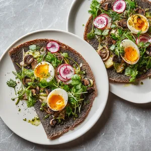 From above, two dark golden folded galettes sit on wide white plates, one corner open to reveal creamy leeks, browned mushrooms, and halved jammy eggs. A vivid cilantro salad with shaved radish and lemon glistens on top, finished with cracked pepper, flaky salt, and a drizzle of herb oil.