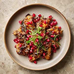 The eye-catching tangy red pomegranate salsa sits atop golden, caramelized chicken arranged neatly on a soft, earth-toned plate. The vibrant colors are enhanced by garnishes of spring onions and sesame seeds for a textural crunch that pops on the plate.
