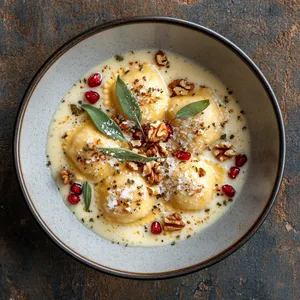 Generous plump homemade ravioli sit on a dreamy warm brown butter-sage sauce, garnished with toasted walnuts and sprinkles of crimson pomegranate seeds for a winter blush. A smattering of sage leaves atop airy shaved Parmesan completes the panorama.