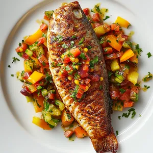 A large piece of sumptuously charred red snapper lays at the heart of the plate. Juicy plum salsa speckled with flecks of chilli and cilantro swirls around the fish like a crimson garland. A vibrant bed of green, yellow, and orange pepper juliennes underpins this beautiful medley, adding an array of colors that pop dramatically on a pure white plate.