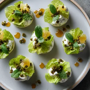 From above, each dessert appears as a loose composed round: golden pineapple wedges fanned over silky white lime crema, emerald ribbons of glossy candied lettuce curled between them, scattered shards of deep green pepita praline, tiny mint leaves, lime zest, and a few amber drops of chile syrup on a matte white plate.