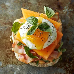 A brightly colored, inviting mound of thinly sliced cantaloupe sits nestled atop a mound of perfectly poached egg and crispy turkey bacon. The lightly toasted English muffin halves sandwich this delectable duo, adding a lovely toasted hue to the mix. A light drizzle of golden, luscious basil-infused honey and a sprinkle of vibrant, fresh basil leaves complete the decadently dynamic tableau.