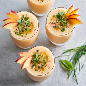 From above, four chilled glasses glow pale apricot with a velvety surface, each finished with tiny chive rings, torn basil, a thread of olive oil, cracked pink pepper, and thin crescent slices of peach fanned along the rim.