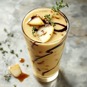 In a tall, clear glass, this creamy yellow-beige smoothie carries swirls of dark, glossy balsamic glaze. It’s garnished with fresh thyme sprigs, a sliver of caramelized onion, and a slick of honey on the rim, impressively aesthetic.