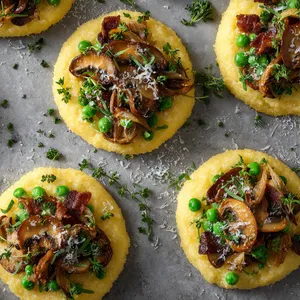 Beautiful mounds of creamy yellow polenta, garnished with golden-brown crispy cuts of pancetta, scattered vibrant green peas, and a healthy sprinkle of sharp Parmesan. Caramelized onion and brightly sautéed wild mushrooms festively dot the peaks of the polenta.