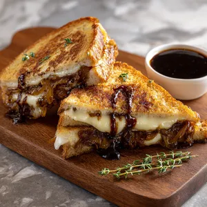 Prominently featured is a golden-crisp grilled cheese, seeping with melting sharp cheddar, with hints of caramelized onions peeking out. A shiny balsamic glaze drizzled on top offers a sweet and tangy contrast against the warm, taupe tones of the cheese. The sandwich is cut diagonally, revealing a mouthwatering cross-section. Placed on a rustic wooden board, it's garnished with few sprigs of fresh thyme and a small, side bowl of balsamic glaze for extra dipping.