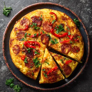 From above, you're greeted with a vibrantly colored, rustic-edged tortilla, looking golden and crisp. Garnished with sprigs of fresh parsley, and slices of chorizo, it exudes a warm, inviting aura. The red accents of piquillo peppers scattered on top bring a splash of color contrasting the golden hues.