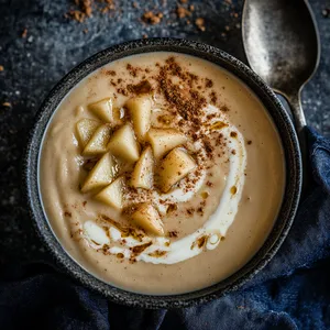 A deep, creamy soup served in an artisan bowl, garnished with diced caramelized pear and a delicate swirl of cream. A sprinkle of ground cinnamon sits atop the swirl, its earthy tones contrasting against the cream. Accompanied by a spoon resting on deep blue linen, showcasing the soup’s creamy thickness.