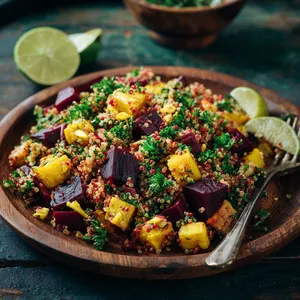 A lush medley of colors greets your eyes: dark, earthy red beet cubes mingling with glistening golden ackee, offset by the soft pastel shades of quinoa, and finished with a bright parsley garnish. The steamy, vibrant salad sits on a rustic wooden plate, with a fork resting beside it, and a slice of lime for that last-minute zest.