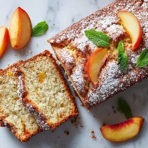 The bread has a golden brown and soft texture on the outside. Flecks of peach and coconut are nestled within the bread, punctuating the pale, soft crumb. It's dusted off with icing sugar and garnished with fresh peach slices and mint leaves on top.