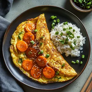 The dish is a lofty, golden omelette with a slight wobble, with glossy caramelized carrot slices peeping through. A sprinkling of scallions and sesame seeds add color and depth, while the side of miso-glazed carrots and a small mound of steamed rice complete the appetizing scene.