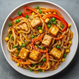 Imagine a canvas of soft, wide udon noodles drenched in a light soy glaze, speckled with colorful chunks of fresh bell peppers, corn, peas, and shallots. On top, you'll find elegant spirals of carrot ribbons encasing blocks of tofu, adding an orange zest to the ensemble. Finished with a sprinkle of sesame seeds and a garnish of green onions, it's a visual symphony on a plate.