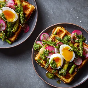 From above, two golden waffle quarters sit slightly overlapped on each plate, topped with halved jammy eggs and scattered asparagus tips. A vivid parsley-lime sauce is spooned in loose swirls, with pink radish slices, shaved Parmesan, and tiny chili flecks adding contrast against a matte ceramic plate.