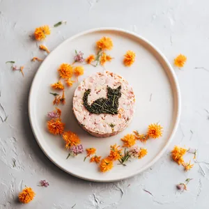 A cup-shaped pâté on a bright white plate, garnished with a cat silhouette made from seaweed and surrounded by small orange edible flowers. The pâté is in a feminine pink that beautifully contrasts the white plate and the orange flowers.