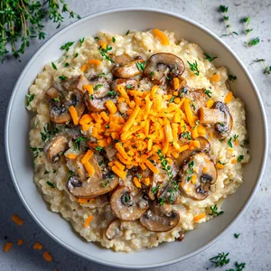 Upon first glance, your eyes meet a rustic, creamy risotto. The dish is studded with varied tones of earthy wild mushrooms and slight green hints of fresh thyme sprigs. On top, a light dusting of bright orange cheddar cheese adds a pop of color.