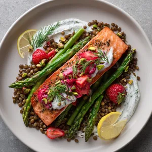 From above, a wide white plate holds a blush-pink salmon fillet over glossy green lentils and diagonal asparagus spears, topped with ruby strawberry-radish relish, scattered pistachios, dill fronds, and a swirl of herb-flecked yogurt with lemon wedges at the edge.