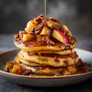 Four fluffy golden-brown pancakes pile enticingly upon each other, topped with glittering caramelized apples and a scattering of toasted pecan bits. The whole masterpiece is drizzled with deep honey-amber syrup, pooling onto the plate below. The plate brings a splash of color, showcasing seasonal vibes with the harmony of taste and sight.