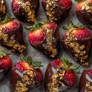 Imagine a platter of luxurious, glossy dark chocolate covered strawberries. On closer look, each strawberry reveals a core of irresistible champagne sorbet. All of this is garnished with edible gold leaf and arranged in the shape of a 2026, to ring in the New Year with style.