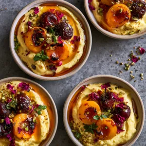 From above, four shallow dessert bowls each hold a swoosh of pale golden saffron shrikhand topped with blistered apricot halves and roasted cherries, drizzled with glossy amber oregano honey, scattered with crushed pistachios, rose petals, and tiny oregano leaves for a dramatic, elegant finish.