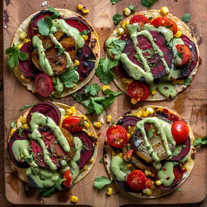 From above, you'd see vibrant circles of charred beets at the heart of the tostadas. They're surrounded by a confetti of sweet corn, tomatoes, and cilantro. A drizzle of creamy avocado sauce adds bright green streaks. The crispy golden-brown tortillas peek out from beneath this colorful medley.