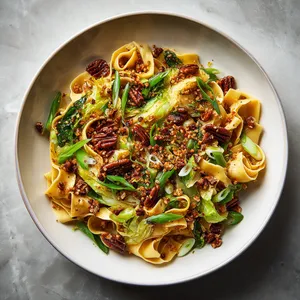 A shallow bowl of glossy twirled pasta streaked with golden-brown cabbage ribbons, scattered with toasted pecans, emerald scallions, crunchy amber breadcrumbs, lemon zest, and flecks of red pepper for vivid contrast.