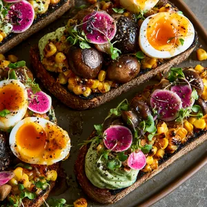 From above, four large rustic toasts are arranged on a platter, topped with glossy bronzed cremini mushrooms, golden charred corn, halved jammy eggs with rich orange centers, swooshes of pale green basil-lime yogurt, scattered pink radish slices, microgreens, cracked black pepper, and a drizzle of chili-honey for vibrant contrast.