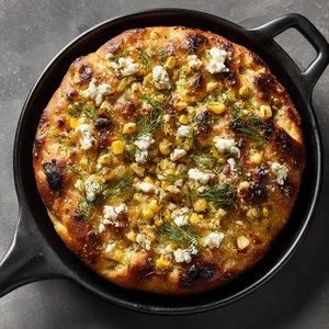 From above, a small round golden focaccia fills a skillet or plate, deeply dimpled and blistered at the edges, with caramelized corn scattered across the top, snowy feta crumbles, feathery dill, tiny lemon-zest threads, flaky salt, and a glossy olive-oil sheen catching the light.