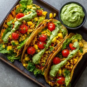 Golden-brown chargrilled corn, diced mango, and bright green lettuce nestled in soft tortillas. This color contrast is accentuated by a vibrant dollop of green avocado jalapeño sauce, crowned with ruby red, juicy cherry tomatoes.