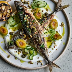 From above, two burnished mackerel fillets sit diagonally over a pale swoosh of fennel yogurt, dotted with blistered green apricot wedges, cucumber ribbons, torn herbs, capers, and crushed pistachios, finished with glossy olive oil and charred lemon halves.
