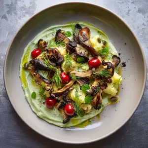 From above, a wide shallow plate swirled with pale green skordalia, topped with golden crushed potatoes and deeply bronzed oyster mushroom ribbons, dotted with glossy ruby pickled cherries, capers, dill fronds, mint leaves, lemon zest, and a generous drizzle of emerald olive oil.