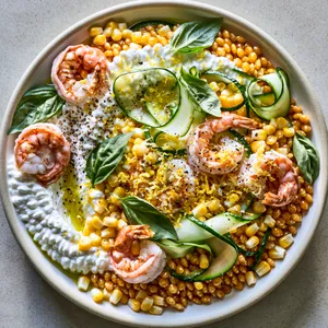 From above, a shallow bowl of glossy golden fregola is scattered with pink curled shrimp, emerald basil leaves, pale-green zucchini ribbons, and bright yellow corn kernels. A swoosh of whipped ricotta peeks through, finished with lemon zest, cracked pepper, and a glisten of olive oil.