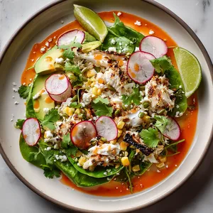 From above, a wide platter of glossy little gem leaves is layered with snowy crab, charred asparagus and corn, blush-pink pickled onions, thin radish coins, avocado slices, scattered cilantro, toasted pepitas, and tiny white crumbles of cotija, all drizzled with a vivid orange-red dressing and finished with lime wedges.