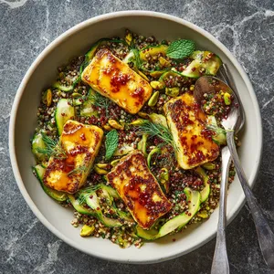 From above, a shallow bowl of green-flecked freekeh topped with golden halloumi slabs and deeply charred zucchini ribbons, scattered with pistachios, dill, and mint, with glossy amber apricot glaze spooned in swoops and a final dusting of crimson sumac.