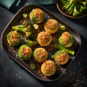 Small broccoli and cheese bites topped with golden breadcrumbs.