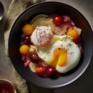 A wide and shallow bowl filled with layers of sliced cherry, grated manchego cheese, and topped with a poached egg; visually eye-catching with bright colors
