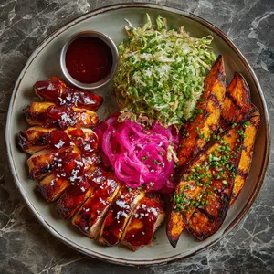 From above, sliced lacquered chicken thighs fan across one side of the plate, glossy deep mahogany with grill marks and a drizzle of cherry BBQ glaze. Charred sweet potato wedges sit alongside in a loose arc, topped with flecks of sea salt and herbs. A bright mound of green cabbage-herb slaw and vivid pink pickled onions add freshness and color contrast, with scattered chives and a small ramekin of extra sauce completing the scene.