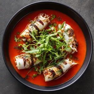 A glossy red broth dotted with creamy white squid bodies and topped with bright green chervil sprigs. The black grill marks on the squid add a contrasting touch.