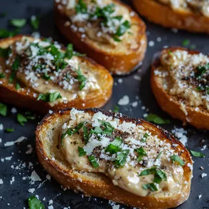 Golden toasted bread topped with creamy chestnut spread splashed with hints of green herbs and covered with a dusting of parmesan. A drizzle of truffle oil and a sprinkle of freshly ground black pepper create a seducing glossy finish.