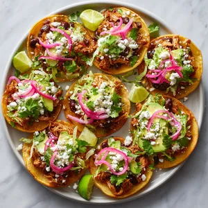 From above, a platter of golden round tostadas is arranged in a loose fan, each topped with a dark bean layer, vivid brick-red chicken tinga, pale green avocado slices, snowy crumbled queso fresco, finely shredded lettuce, bright pink pickled onions, and scattered cilantro leaves, with lime wedges tucked around the edges for a festive pop.