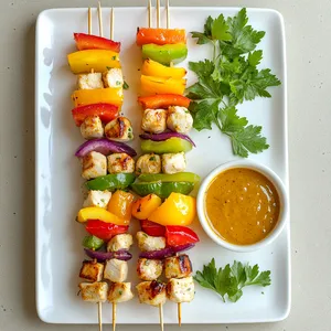 Colorful skewers of fresh fruits, bell peppers, and chicken lined up on a white serving plate, arranged in a rainbow pattern. To one side, there's a small, bright glazed bowl of honey mustard dip, garnished with tiny sprigs of parsley.