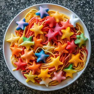 From the top view, you see a plate filled with vibrant rainbow-colored spaghetti, peppered with star-shaped vegetables in different colors that blend splendidly with the spaghetti. The variety of colors would indeed make a feast to the eyes.