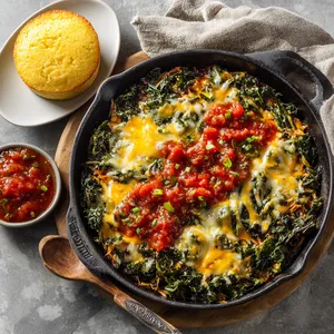 The dish is a stunning combination of colors: a lush green base of sautéed kale, the warm hues of the enchilada stuffing, brilliantly topped with melting cheese and ruby red salsa. On the side, a crisp golden cornbread muffin from the skillet for a delightful contrast.