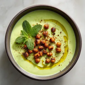 A bowl of icy green soup, accentuated by a sprinkling of spicy chickpea croutons scattered on top, and a drizzle of olive oil. A fresh sprig of mint garnishes the bowl for an elevated touch.