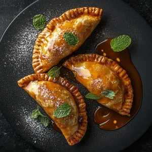 Golden half-moon shaped empanadas, dusted with powdery cinnamon sugar, filled with rich, glossy, chilli-chocolate crab meat. Served with a drizzle of creamy caramel sauce and a garnish of fresh mint leaves.