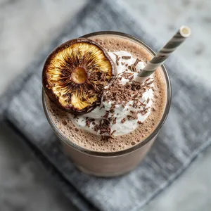 A thick, frothy smoothie in elegant glassware, adorned with a smoky roasted Cremini mushroom slice, a dollop of whipped cream, and a dusting of shaved bitter-sweet chocolate. Accompanied by a classy silver spoon and a striped paper straw.