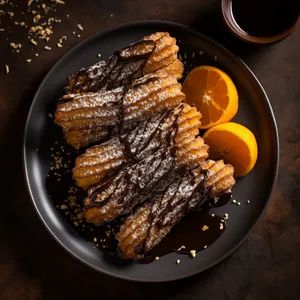 From above, you'll see 4 to 5 golden churros encrusted with glazed fennel seeds and dazzling orange zest. Each churro is half-dipped in glossy dark chocolate, with melting rivulets reaching into the orange-fennel sugar. Small wedges of fresh orange peek from the edges, giving the plate a pop of colour.